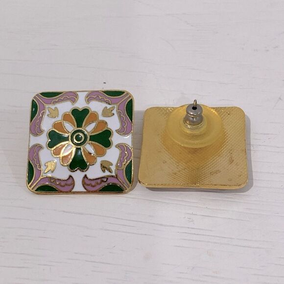 Vintage Enamel Square Earrings In Green Pink Dark Yellow/Orange Enamel On Stud - Picture 7 of 7